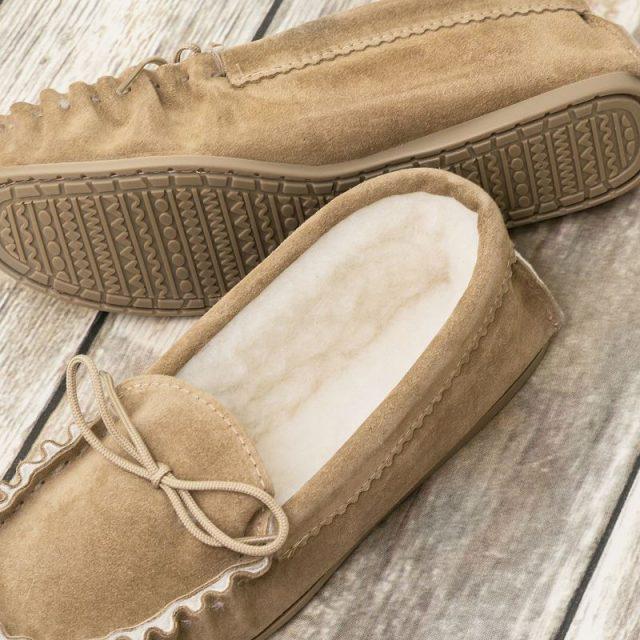 British Made Suede Moccasin Slippers in Beige, Navy and Grey ...